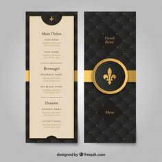 a black and gold menu with a fleur de lis