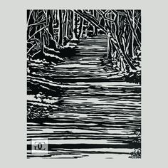 a black and white drawing of a stream in the woods with trees on either side