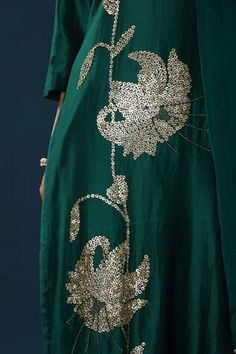 Green chanderi straight kurta with floral embroidery using beads, sequins. Paired with a pant and scallop trimmed dupatta. - Aza Fashions Festive Chanderi Dupatta With Sequins, Unstitched Chanderi Sequin Sets, Bollywood Style Chanderi Salwar Kameez With Sequins, Silk Kurta With Sequins For Festivals, Bollywood Style Straight Kurta With Sequins, Party Wear Embroidered Traditional Slub Silk Attire, Designer Chanderi Traditional Wear With Sequins, Traditional Chanderi Dupatta With Sequins, Straight Kurta With Sequins For Navratri