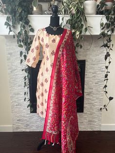 Chanderi 3 piece kurti set comes with matching legging  Size: 38 to 40in Slub Silk Salwar Kameez With Sheer Dupatta, Diwali Unstitched Slub Silk Suit, Cotton Silk Kurta With Printed Motifs In Traditional Drape, Traditional Wear Straight Kurta With Sheer Dupatta In Mulmul, Mulmul Kurta With Sheer Dupatta, Unstitched Cotton Silk Palazzo Set, Straight Kurta Palazzo Set With Sheer Dupatta In Mulmul, Slub Silk Palazzo Set With Straight Kurta And Dupatta, Traditional Wear Straight Kurta With Sheer Dupatta