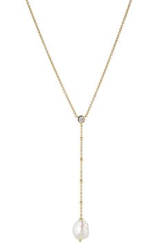 A baroque imitation pearl and glistening bezel-set cubic zirconia anchor this delicate Y-necklace plated in hand-polished 18-karat gold. 16" length; 2" extender 2 1/2" pendant drop, 8mm pearl 18k-gold plate/imitation pearl/cubic zirconia Imported Luxury 22k Gold Necklace With Pearl Drop, Costal Granddaughter, Granddaughter Aesthetic, Pearl Drop Necklace, Dot Dot, Drop Necklace, Pearl Drop, Cultured Pearls, Bezel Setting