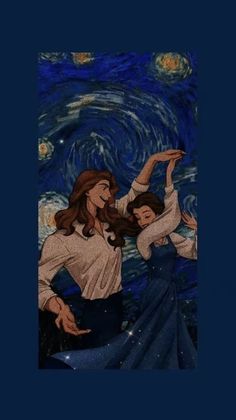 two women are dancing in front of a starry sky