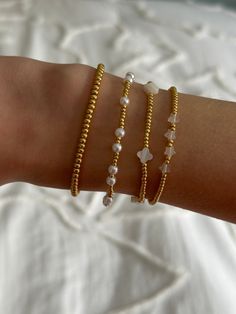 -stretchy bracelet Gold Bead Bracelet, Bow Bracelet, Gold Bead Bracelets, Jewelry Lookbook, Moon Jewelry, Stretchy Bracelets, Jewelry Inspo, Jewelry Patterns, Pretty Jewellery