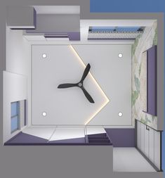 a large clock mounted to the side of a wall in a room with purple walls