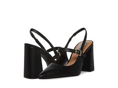 Steve Madden Maegan - High Heels : Black Leather : Make a statement with every step you take in these classy Steve Madden Maegan slingback sandals. These Mary Jane pumps with block heels and pointed closed toe silhouette are crafted from leather upper. Synthetic rubber lining and insole. Top strap with buckle closure. Synthetic rubber outsole. Imported. Measurements: Heel Height: 3 1 2 in Weight: 10 oz Product measurements were taken using size 7, width M. Please note that measurements may vary by size. Synthetic Slingback Heels With 4-inch Heel, 4-inch Slingback Heels For Work, Open Heel Slingback Sandals With 4-inch Heel For Work, Trendy Sandals With Heel Strap And Pointed Toe, Pointed Toe Sandals With Stacked Heel, Medium Width, Pointed Toe Sandals With Stacked Heel In Medium Width, Office Sandals With Buckle Closure And Block Heel, Sandals With Stacked Heel And Pointed Toe, Medium Width Sandals With Stacked Heel And Pointed Toe