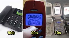 there are three different types of cell phones on the same page, one is old and the other is new