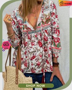 Ethnic Bohemian Floral Print Long Sleeve V-neck Women Blouse Top Multicolor V-neck Peasant Top For Fall, Bohemian V-neck Top With Boho Print, Fall Bohemian V-neck Blouse, Multicolor V-neck Peasant Top For Festival, Bohemian V-neck Printed Blouse, Bohemian V-neck Blouse With Boho Print, Bohemian V-neck Peasant Top With Floral Print, Festival Floral Print V-neck Top, Fall Beach V-neck Blouse