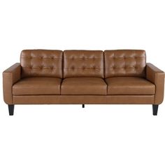 a brown leather couch sitting on top of a white floor