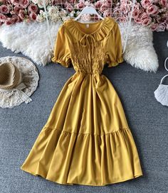 Cute A line short dress fashion dress Fabric: fabric Color: black, red, blue, yellow Size(cm): free size length 105 bust 64-106 waist 60-92 Trendy A-line Dress With Ruffles, Yellow A-line Midi Dress With Ruffles, Fit And Flare Mini Dress In Solid Color, Fit And Flare Solid Color Mini Dress, Yellow Non-stretch Mini Dress, Trendy Solid Color A-line Mini Dress, Yellow Solid Color Sundress, Yellow A-line Midi Dress Solid Color, Yellow Solid Color Mini Dress For Spring