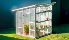 a small greenhouse with potted plants in the window and green grass on the ground