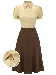 2PCS Lapel Puff Sleeve Solid Blouse & High Waist Skirt | Retro Stage 1980s Clothes Women, 1939 Fashion Women, 1960s Clothes Women, 1978 Fashion Woman Style, Vintage Southern Outfits, 1960s Inspired Fashion, Old Teacher Outfits, 1930s Fashion Women Dresses, Old Hollywood Outfit Ideas Casual