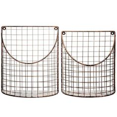 a pair of metal wire baskets with handles on each side, set against a white background