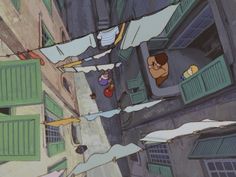 cartoon characters hanging out on clothes line in an alleyway with green shutters and windows