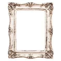 an old white frame with scrolls and flowers on the edges, isolated against a white background