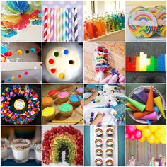 a collage of pictures with different types of cakes, candy, and other items