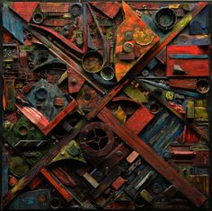 an abstract painting with many different colors and shapes, including metal parts on top of each other