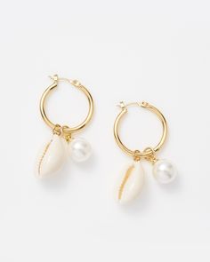 Minimalist Yellow Gold Hoop Earrings With Pearl Charm, Gold Hoop Earrings With Baroque Pearls, Baroque Pearl Hoop Earrings With Pearl Charm, White Baroque Pearl Hoop Earrings With Charm, Baroque Pearl Charm Hoop Earrings, Cowrie Shell, Pearl Charms, Keep Jewelry, Sale Items