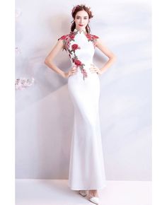 Buy Chinese Retro Cheongsam Style Long White Formal Dress With Flowers at wholesale price online. Free shipping and pro custom service since 2009. Luxury Long Cheongsam For Women, Luxury White Dress With Mandarin Collar, Luxury Cheongsam For Formal Occasions, Luxury Fitted White Cheongsam, Chinese New Year Dress Modern, Chinese Wedding Dress Modern White, White Full Length Spring Dresses, Sleeveless Spring Wedding Cheongsam, Spring Wedding Sleeveless Cheongsam