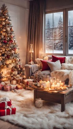 a living room with a christmas tree, couch and coffee table in front of a window