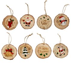 twelve christmas ornaments with santa and snowmen on them, hanging from string ornament