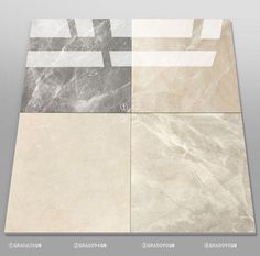 four different types of marble tiles with white and grey designs on each tile, all in different colors