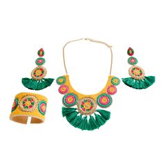 Add some tropical style to your life with this bright and colorful set of jewelry. This jewelry set comes with a necklace, earrings, and a bracelet that features tropical-colored beads and green fringe accents. Match them to our famous Tropicana Scarf and bring your tropical dreams to life. Features: Necklace has 6 inch extender Vibrant and bold colored beads Adjustable bracelet Light weight Customer satisfaction is our number one priority, and we will be happy to provide more information on any Summer Vacation Jewelry With Tassels, Multicolor Fringe Dangle Jewelry, Adjustable Summer Jewelry With Tassels, Summer Festival Jewelry With Tassels, Green Dangle Jewelry For The Beach, Multicolor Bohemian Jewelry For Summer, Tropical Green Jewelry For Summer, Summer Vacation Fringe Jewelry, Summer Tropical Green Jewelry