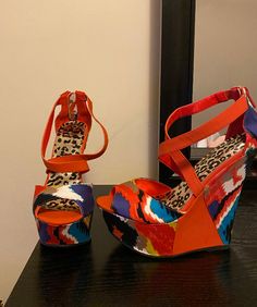 Our made-to-order customer provided this style. Bold Wedge Heel Sandals For Summer, Bold Summer Sandals With Wedge Heel, Bold Platform Wedge Sandals, Bold Platform Wedge Heel Sandals, Trendy Orange Wedge Heel Sandals, Trendy Orange Wedge Sandals, Red Wedge Heel Sandals With Heel Loop, Red Open Heel Wedge Sandals For Beach, High Heel Orange Wedge Sandals For Vacation