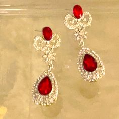 Pageant Earrings Bridal Earrings Red Crystal Silver Crystals Red Chandelier Earrings For Formal Events, Formal Red Chandelier Earrings, Red Teardrop Earrings For Formal Occasions, Elegant Red Crystal Earrings, Red Crystal Drop Earrings For Pierced Ears, Red Teardrop Jewelry With Matching Earrings, Red Teardrop Dangle Earrings For Formal Occasions, Red Dangle Teardrop Earrings For Formal Occasions, Red Dangle Jewelry For Formal Occasions