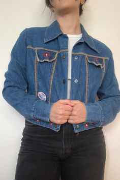 Vintage "The Osborne Brothers" Jean Jacket. Vintage Patched Denim Fun. "Machine Washable" Sportswear denim jacket with embroidery and patches allover. Marked as size 15/16. Fits like a small. 100% cotton, machine wash cold. Approx. Measurements Underarm to Underarm: 21" Length: 19" Retro Spring Denim Jacket With Patch Pockets, Retro Outerwear With Embroidered Patch For Spring, Retro Embroidered Patch Outerwear For Spring, Casual Denim Jacket With Patches In Recycled Denim, Fall Cotton Denim Jacket With Contrast Stitching, Retro Denim Jacket With Patches For Fall, Fitted Casual Denim Jacket With Embroidered Patch, Casual Fitted Denim Jacket With Embroidered Patch, Fitted Cotton Outerwear With Patches