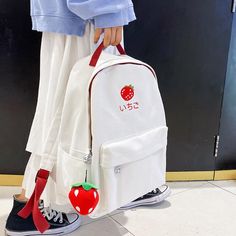 Fashion Strawberry Backpack PN2697 Casual Backpack Shoulder Bag For Study, Casual White Backpack For Study, Casual White Study Backpack, Casual Portable Shoulder Bag For Study, Trendy Canvas Bag For Students, Back To School Canvas Satchel Bag, Portable Canvas Satchel Bag For School, Portable Canvas Satchel For School, Cute Canvas Shoulder Bag For School