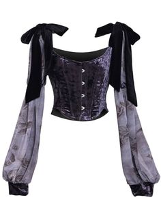 [$53.51]Gothic Purple Velvet Lace-up Corset Top Gothic Purple Outfit, Purple Vampire Outfit, How To Wear A Corset, Gothic Clothes Aesthetic, Skirt With Corset Top, Purple Aesthetic Outfit, Cute Gothic Outfits, Whimsigoth Clothes, Bow Corset