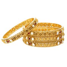 Reflecting the beauty of traditional Indian gold jewlery, this set of 22k gold bangles by Virani Jewelers is a celebration of elegance and culture. Each gold bangle is intricately crafted luxurious with ruby and Kundan, embodying the classic charm of Indian gold bangles. Designed for the discerning woman, these 22k gold bangles enhance any outfit with their subtle sophistication, making them a treasured piece in any Indian gold jewelry collection.Features• 22k yellow gold• Kundan• Ruby• Set of f Indian Gold Bangles, Gold Jewelry Collection, 22k Gold Bangles, Gold Bangles Indian, Ruby Set, Gold Bangle Set, Yellow Gold Bangle, Gold Jewelry Indian, Gold Bangle