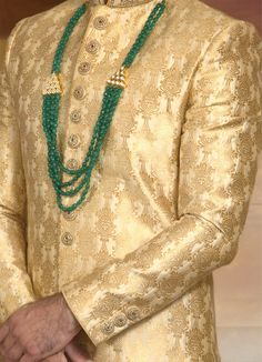 Gold Brocade Sherwani with hand embroidery on Neckline! Sherwani comes with Gold Pants. Shawl and feta sold separately. Available Size: 42 (Ready to Ship) For all other sizes Customization: 3 to 6 weeks Red Turban, Indian Bridal Couture, Red Dupatta, Embroidered Sherwani, Embroidery Accessories, Gold Pants, Green Beaded Necklace, Gold Brocade, Necklace Design