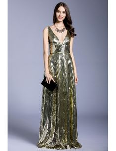 Gold A-line V-neck Sequined Floor-length Evening Dress Gold V-neck Midi Dress For Party Season, Spring Evening V-neck A-line Dress, Chic V-neck Evening Maxi Dress, Chic A-line Maxi Dress For Party Season, Glamorous Spring Evening V-neck Dress, Glamorous V-neck Summer Evening Dress, Glamorous A-line Summer Evening Dress, Gold V-neck Evening Dress For Summer, Glamorous V-neck Spring Evening Dress