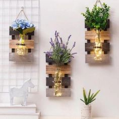 three vases with plants and lights are on the wall next to a planter