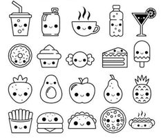 a set of food and drinks icons in black and white on a white background illustration