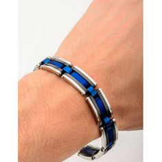 Men's Black, Blue Plated & Steel Links Bracelet Modern Blue Adjustable Bracelets, Modern Adjustable Blue Bracelets, Modern Blue Metal Jewelry, Adjustable Blue Bracelet For Formal Occasions, Blue Formal Jewelry With Bracelet Strap, Blue Jewelry With Bracelet Strap For Formal Occasions, Modern Magnetic Bracelet Jewelry, Adjustable Blue Rectangular Bracelets, Modern Blue Bracelet For Gift