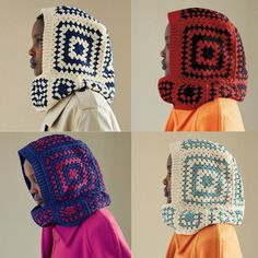 four pictures of people wearing crocheted hats and scarves, all in different colors