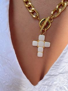 A handmade gold necklace with a unique Cross charm at the center that has a white type of stones on it that are made from enamel. The connection is at the front side with a circle part so it can not be adjusted. In Christina Christi Jewels store you can see more than 50 designs in Women's Necklaces. You can have them in 2-4 Days with DHL EXPRESS SHIPPING MATERIALS - Gold filled Chains are made from Aluminium. - White Cross charm made from brass with White type of stones on it (enamel). DIMENSION Handmade Yellow Gold Enamel Necklaces, Handmade Yellow Gold Enamel Necklace, Handmade Gold Enamel Necklaces, Enamel Chain Necklace For Gift, Gold Enamel Necklace With Adjustable Chain, Gold Enamel Necklace With Chain, Enamel Chain Jewelry As A Gift, Enamel Chain Jewelry As Gift, Enamel Chain Jewelry For Gifts