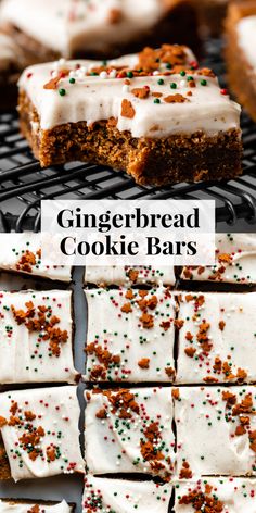 gingerbread cookie bars with white frosting and sprinkles are on a cooling rack