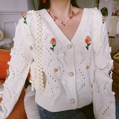 ♡Color: white; ♡Style: embroidery; ♡Size: Length: 53cm / 20.9in; Bust: 110cm / 43.3in; Sleeve: 41cm / 16.1in; ♡Package include: 1 x cardigan. Fairy Sweater, Peony Aesthetic, Harajuku Clothes, Flower Cardigan, White Fairy, Street Outfits, Fe Clothing, Cute Cardigans, Crochet Top Pattern