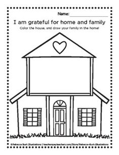 a coloring page with a house and heart on it