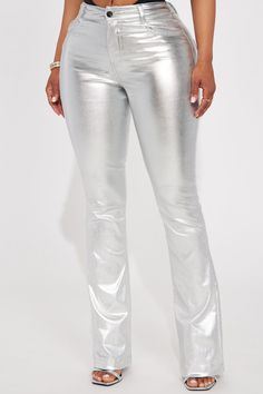 Available In Pink And Silver. Flare Pant High Rise Button & Zipper Closure Metallic Coated Faux Leather Stretch 76% Rayon 21% Nylon 3% Spandex Imported | Behind The Flash Metallic Flare Pant in Silver size Medium by Fashion Nova Outfits With Silver Pants, Fitted High Rise Metallic Bottoms, Metallic High Rise Fitted Bottoms, Metallic High Rise Party Bottoms, Fitted Metallic Bottoms For Fall, Silver Pants, Flare Pant, Bootcut Jean