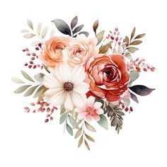 watercolor flowers and leaves on a white background