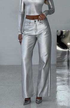 The ONLY pants your wardrobe needs this season. The metallic Cassidy jeans ooze glamour, made from silver coated denim with a relaxed fit. Pair these wide leg pants with the Kyranni top and metallic heels.



Colour: Silver.

Silver coates denim.

Lower waist.

Relaxed fit.

Wide leg.

Pocket detailing.

Button and zip fastening.

Full length.

Model is an XS and is wearing an XS.

 Size: XS, S, M, L, XL, XXL Silver Shirt Outfit, Homecoming Dresses Corset, White Dress Spring, Midi Dress Wedding Guest, Silver Outfits, Silver Pants, Long Sleeve Homecoming Dresses, Pinterest Contest, Coated Denim