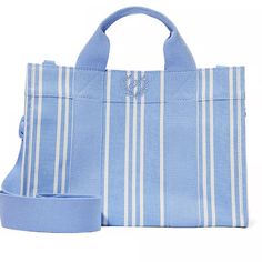 Pink Carryall Bag With Blue Stripes Preppy Travel Bags For Spring, Chic Blue Cotton Bag, Preppy Spring Travel Bags, Blue Casual Shoulder Bag, Casual Blue Medium Shoulder Bag, Casual Medium Blue Shoulder Bag, Spring Cotton Crossbody Bag, Preppy Blue Everyday Bag, Blue Shoulder Bag For On-the-go Use In Spring