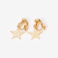 Fall in love with these beautiful star shaped clip on drop earrings! No piercings necessary, these gold-tone earrings will add elegance and style to any outfit. Finish: Gold-tone Closure: Clip on Sandblasted star design Material: Metal + Plastic - Claire's Gold Sandblasted Star Clip On Drop Earrings Clip On Gold Earrings, Cute Clip On Earrings, Diy Clip On Earrings, Mel Aesthetic, Princess Sweet 16, Oc Creator, School List, Room Renovation, Fashionable Jewelry