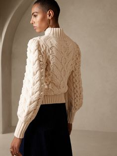 Ticino Puff-Sleeve Sweater | Banana Republic Winter Fitted Sweater With Balloon Sleeves, Elegant Textured Knit Cotton Sweater, Winter Knit Sweater With Lantern Sleeves, Fall Cable Knit Sweater With Puff Sleeves, Winter Lantern Sleeve Textured Knit Sweater, Fitted Puff Sleeve Textured Knit Sweater, Textured Knit Lantern Sleeve Sweater, Chunky Knit Puff Sleeve Sweater For Fall, Fall Chunky Knit Sweater With Balloon Sleeves