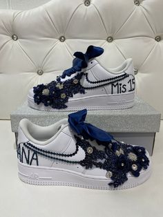 Custom Airforce Ones perfect for you to wear on your special day! Quince Shoes, Quinceanera Shoes, Tie Sneakers, Random Products, Blue Quince, Beauty And The Beast Party, Quinceanera Ideas, Wedding Sneakers, Quince Ideas