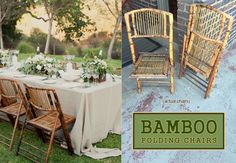 an image of bamboo folding chairs and table set up in the grass for outdoor dining